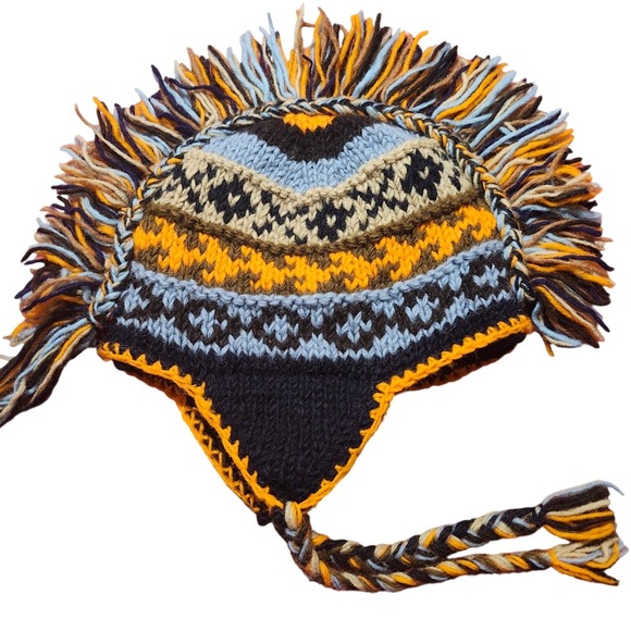 Accessories - Handmade Wool Mohawk Beanie Hat with Tassels and Ear Flaps Made in Nepal